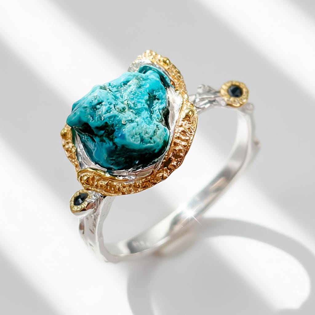 925 Sterling Silver Raw Blue Turquoise Ring, worn on hand