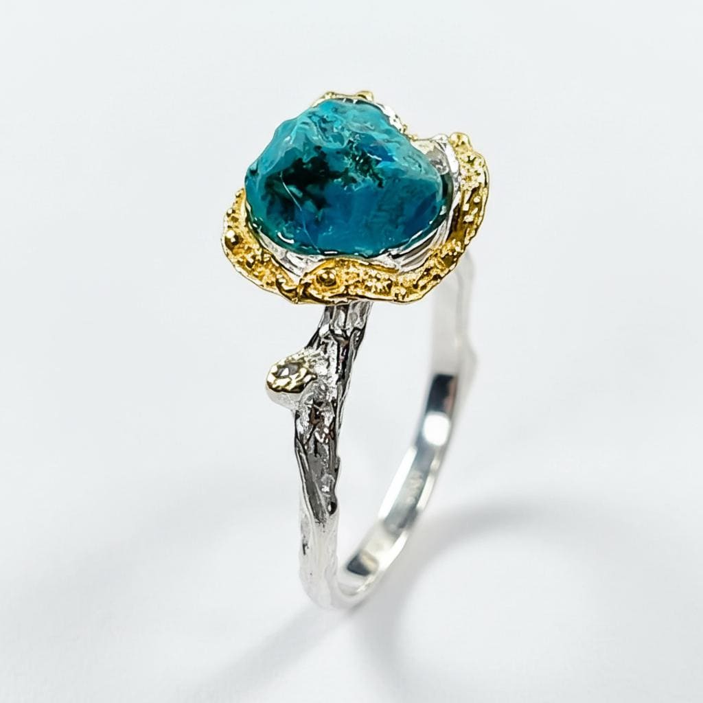 925 Sterling Silver Raw Blue Turquoise Ring, setting detail