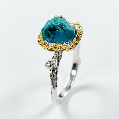 925 Sterling Silver Raw Blue Turquoise Ring, setting detail