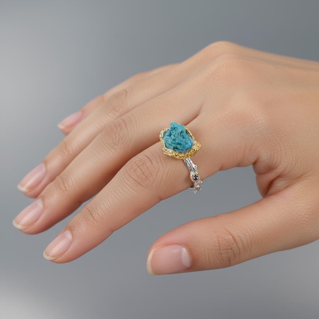 925 Sterling Silver Raw Blue Turquoise Ring, additional angle