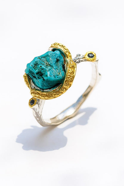 925 Sterling Silver Raw Blue Turquoise Ring, worn look