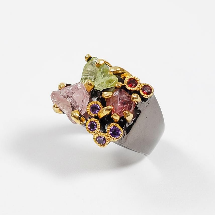 925 Sterling Silver Raw Crystal Ring, worn on hand