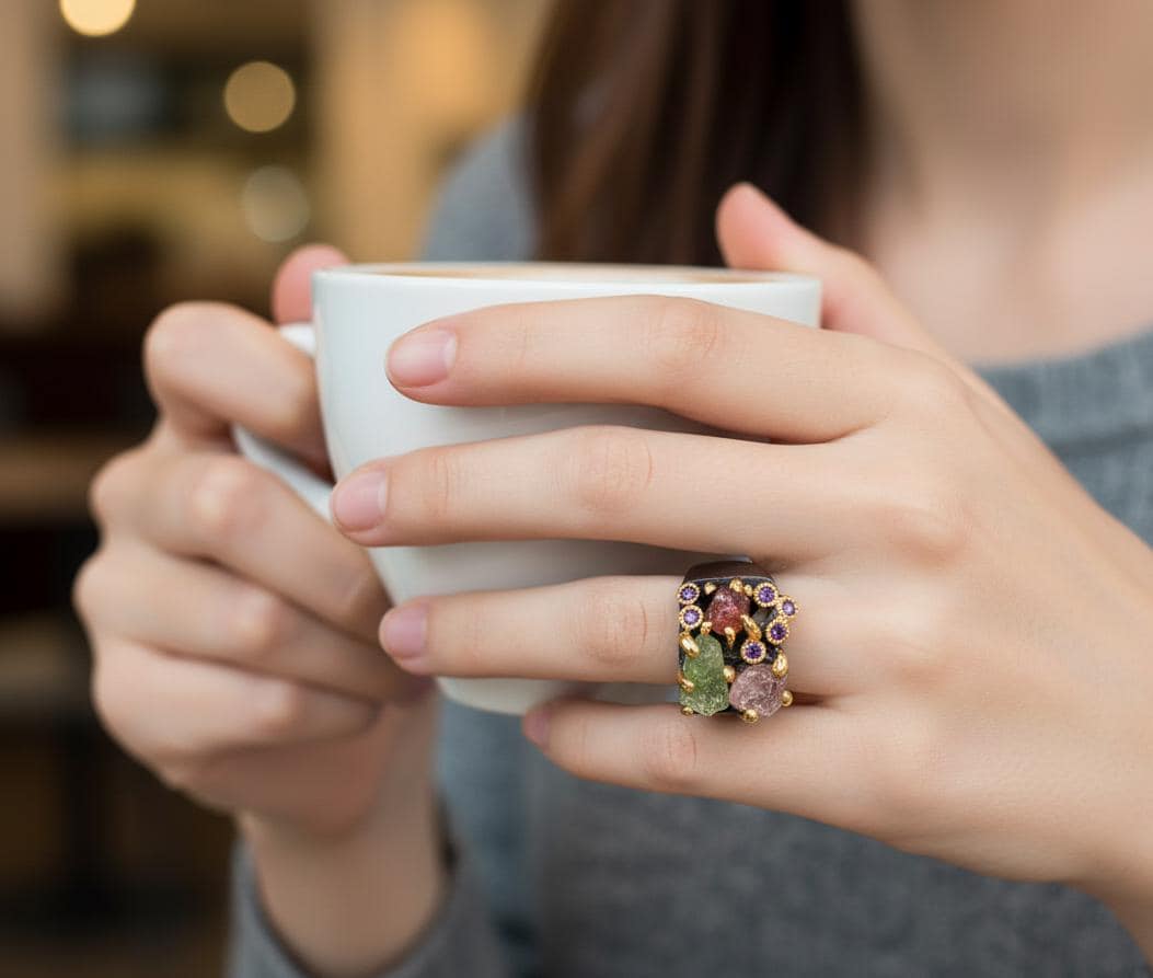 925 Sterling Silver Raw Crystal Ring, band detail