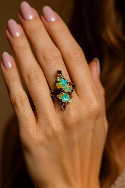 925 Sterling Silver Raw Fire Opal Ring, setting detail