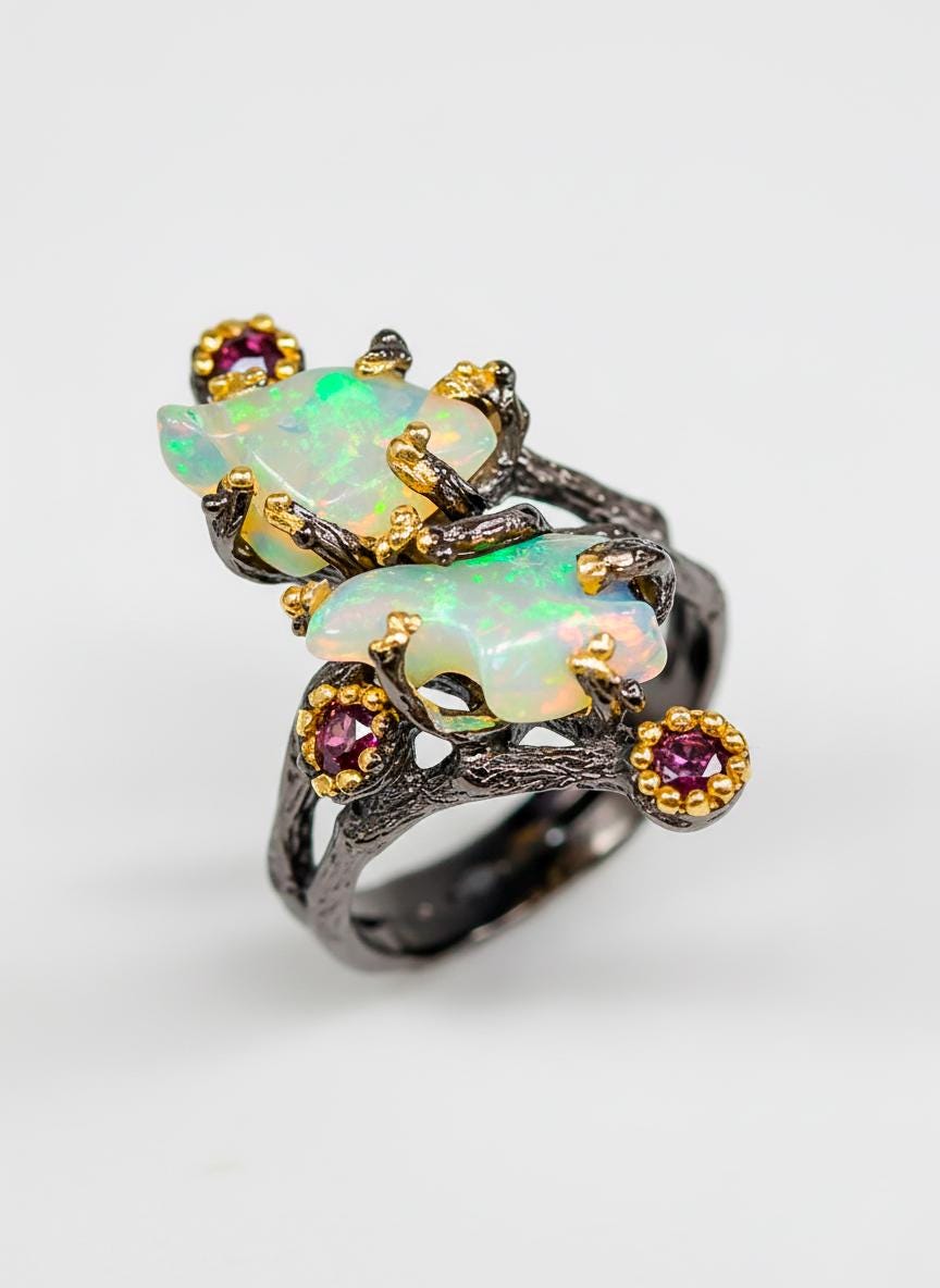 925 Sterling Silver Raw Fire Opal Ring, worn look