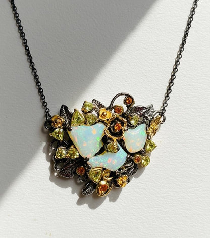 925 Sterling Silver Raw Fire Opal Necklace, layered look