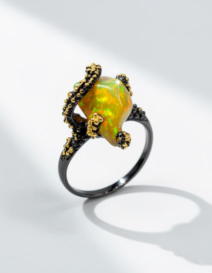 925 Sterling Silver Raw Fire Opal Ring, texture close-up