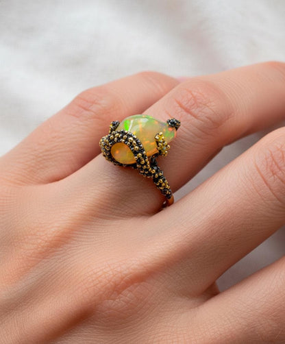 925 Sterling Silver Raw Fire Opal Ring, close-up detail
