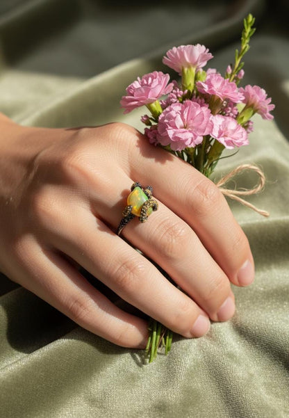 925 Sterling Silver Raw Fire Opal Ring, worn on hand