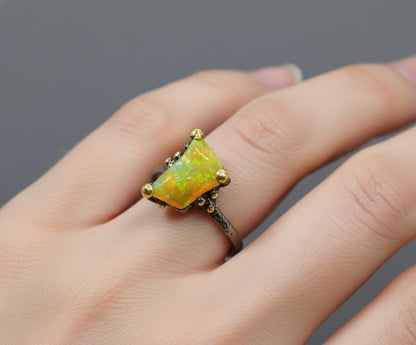 925 Sterling Silver Raw Fire Opal Ring, close-up detail