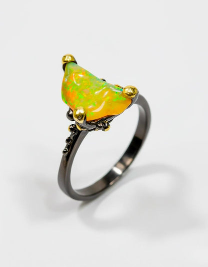 925 Sterling Silver Raw Fire Opal Ring, worn on hand