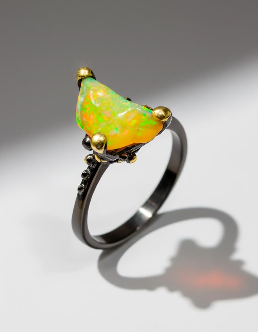 925 Sterling Silver Raw Fire Opal Ring, setting detail