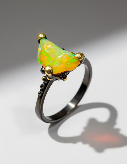 925 Sterling Silver Raw Fire Opal Ring, setting detail