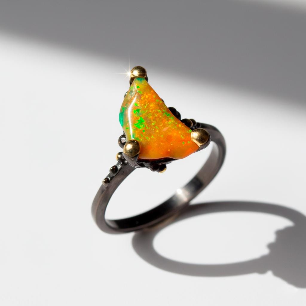 925 Sterling Silver Raw Fire Opal Ring, worn look