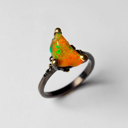 925 Sterling Silver Raw Fire Opal Ring, band detail