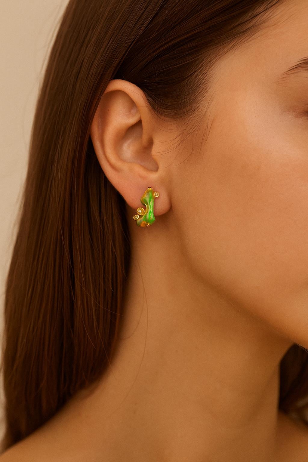925 Sterling Silver Raw Fire Opal Stud Earrings, close-up detail