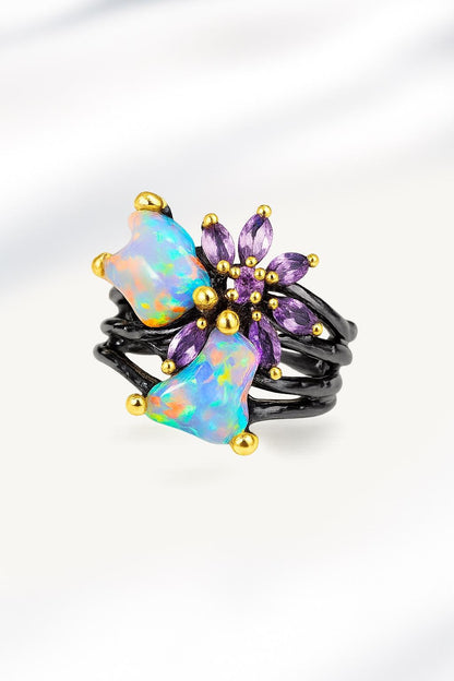 925 Sterling Silver Raw Fire Opal Ring, texture close-up