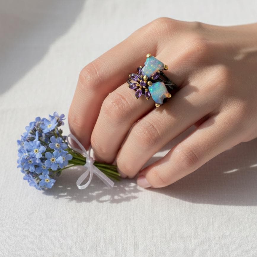 925 Sterling Silver Raw Fire Opal Ring, close-up detail
