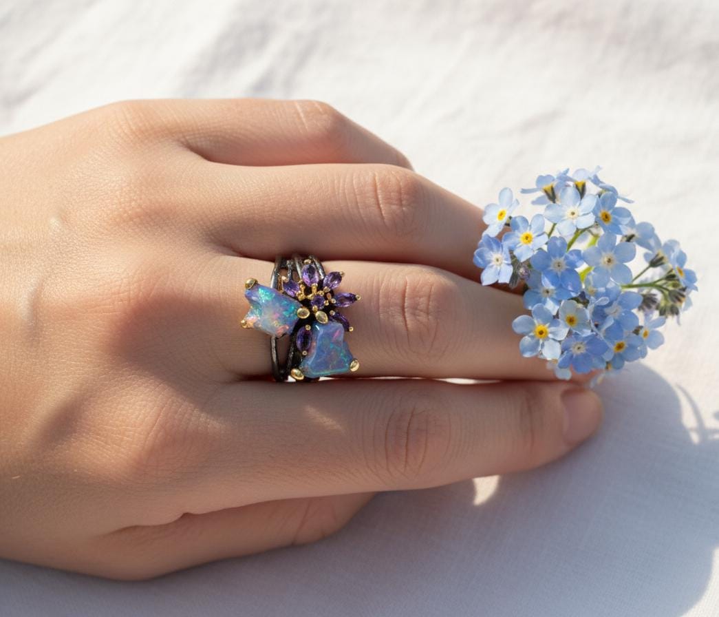 925 Sterling Silver Raw Fire Opal Ring, side view