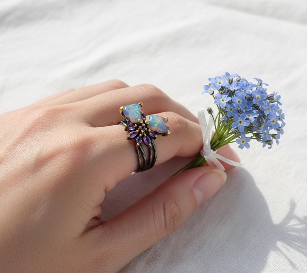 925 Sterling Silver Raw Fire Opal Ring, worn on hand