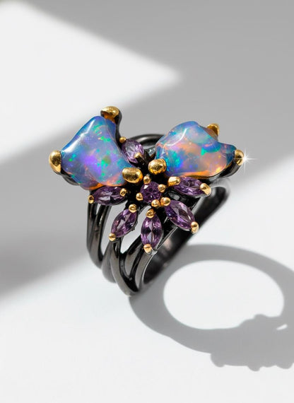 925 Sterling Silver Raw Fire Opal Ring, worn look