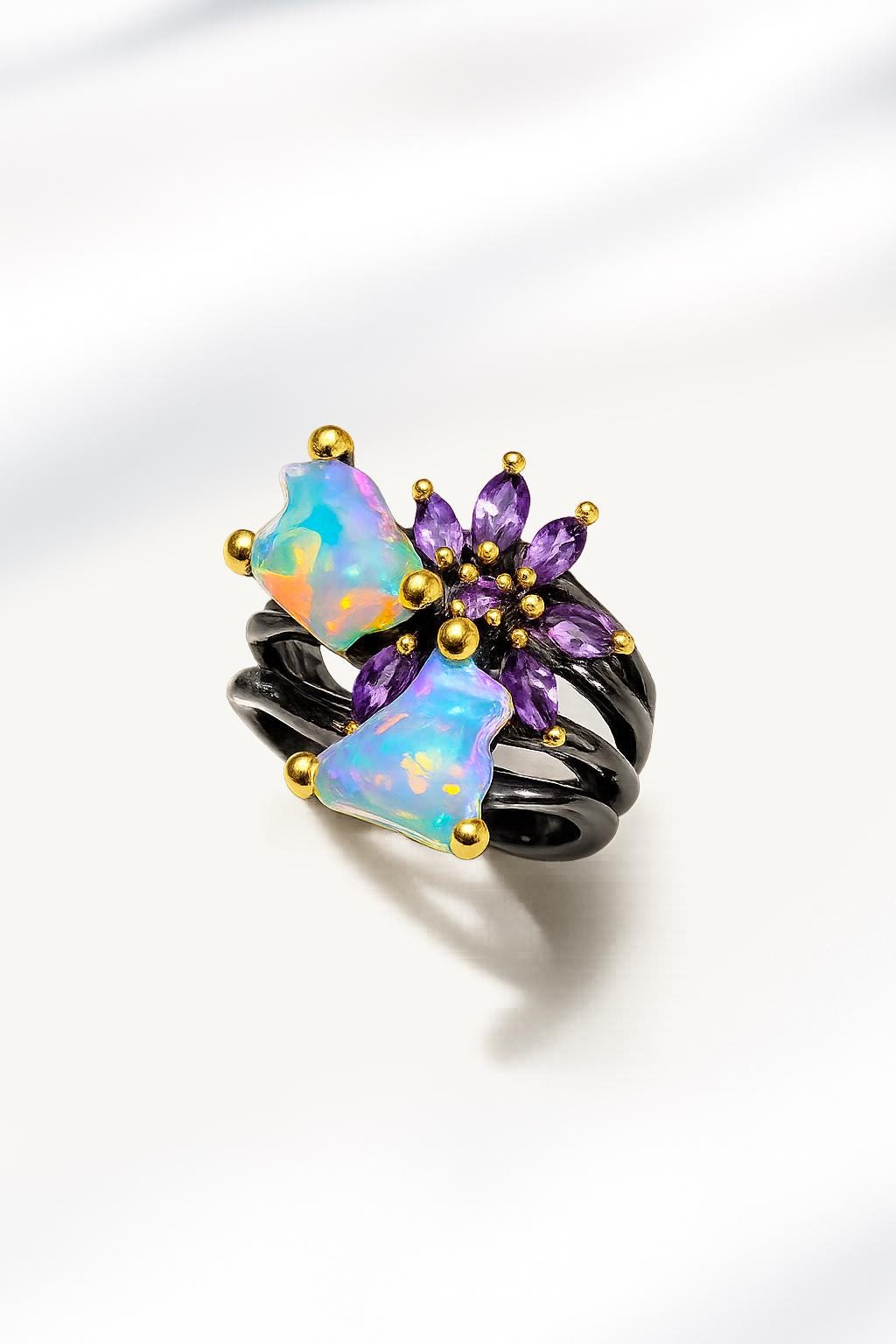 925 Sterling Silver Raw Fire Opal Ring, band detail