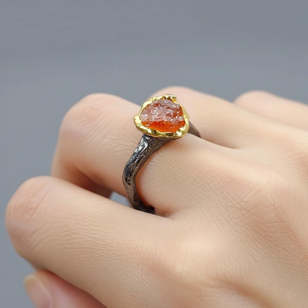 925 Sterling Silver Raw Garnet Ring, side view