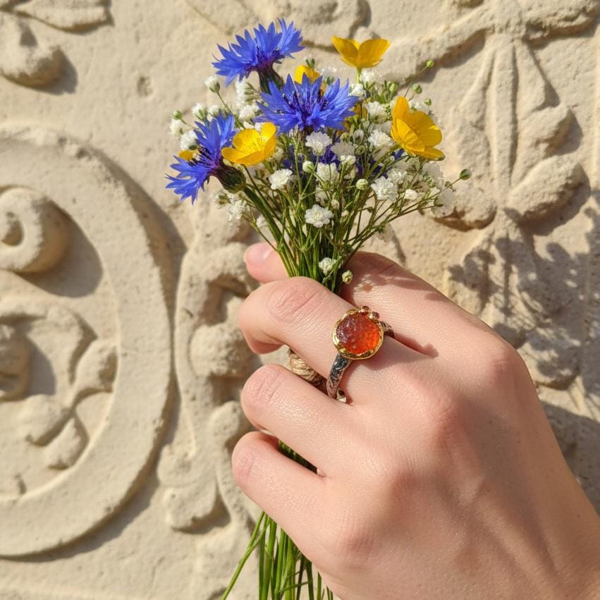 925 Sterling Silver Raw Garnet Ring, worn on hand