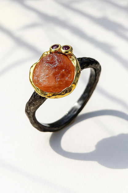 925 Sterling Silver Raw Garnet Ring, worn look