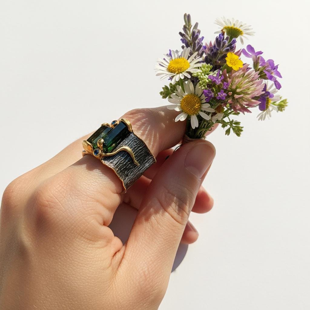 925 Sterling Silver Raw Tourmaline Bar Ring, close-up detail