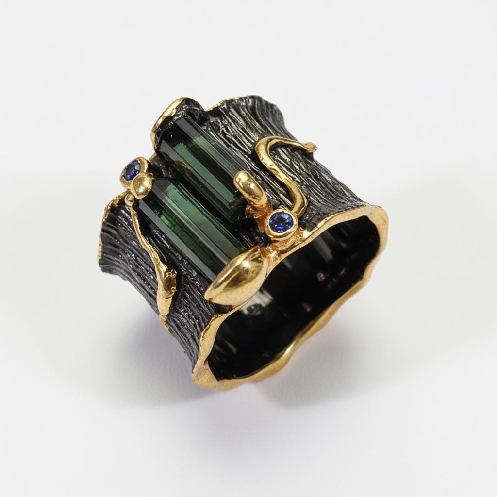 925 Sterling Silver Raw Tourmaline Bar Ring, worn on hand