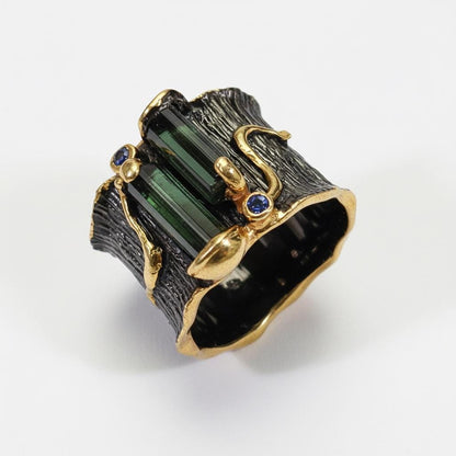 925 Sterling Silver Raw Tourmaline Bar Ring, worn on hand