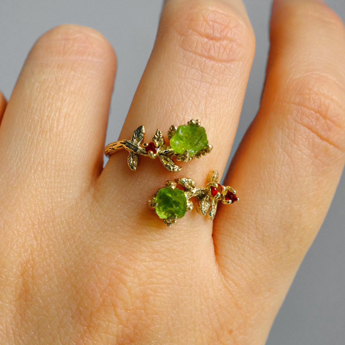925 Sterling Silver Raw Green Peridot Ring, close-up detail