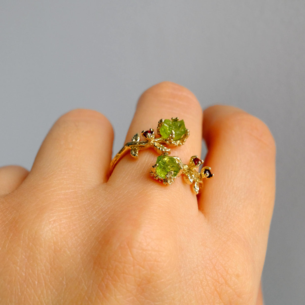 925 Sterling Silver Raw Green Peridot Ring, side view