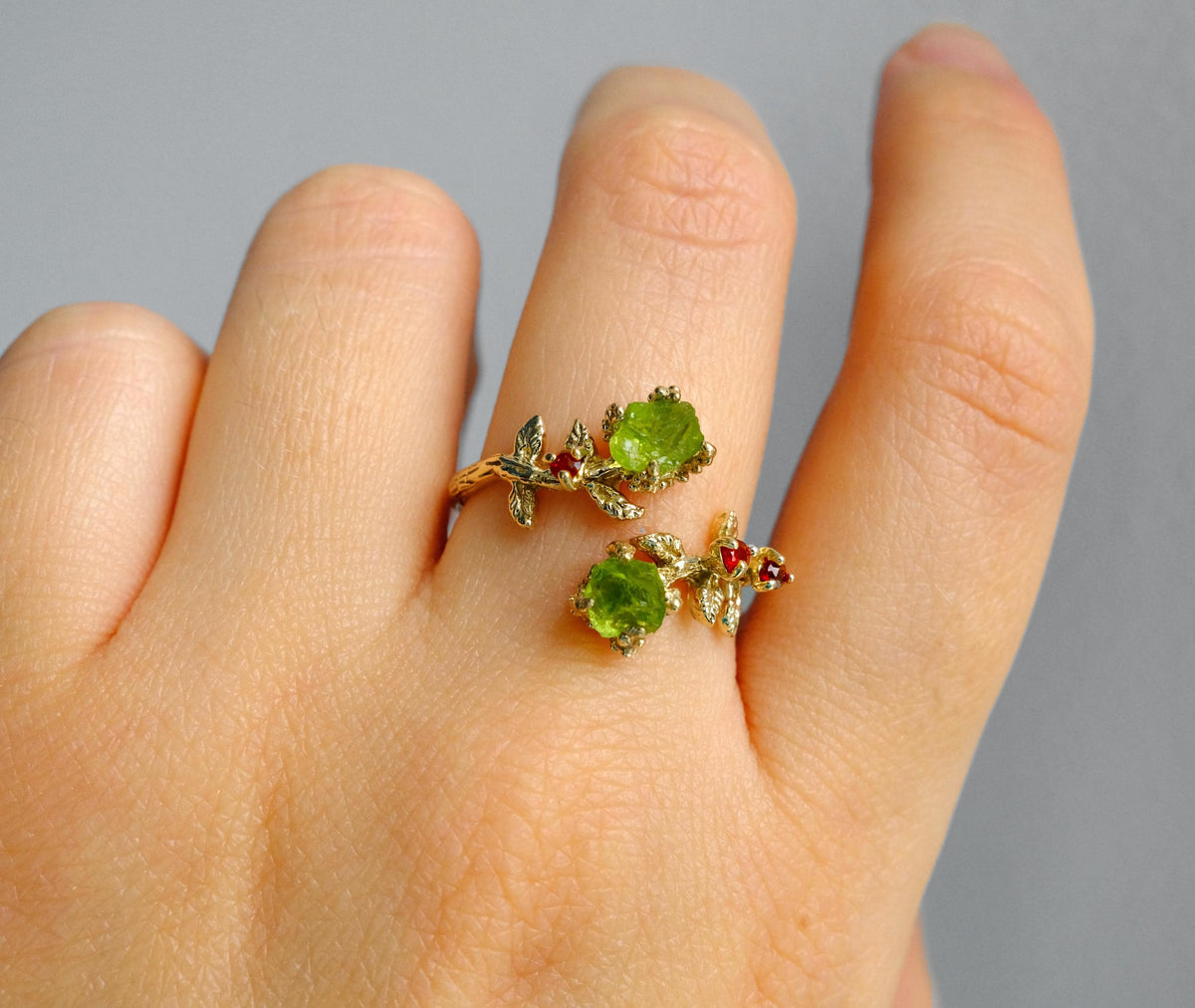 925 Sterling Silver Raw Green Peridot Ring, worn on hand