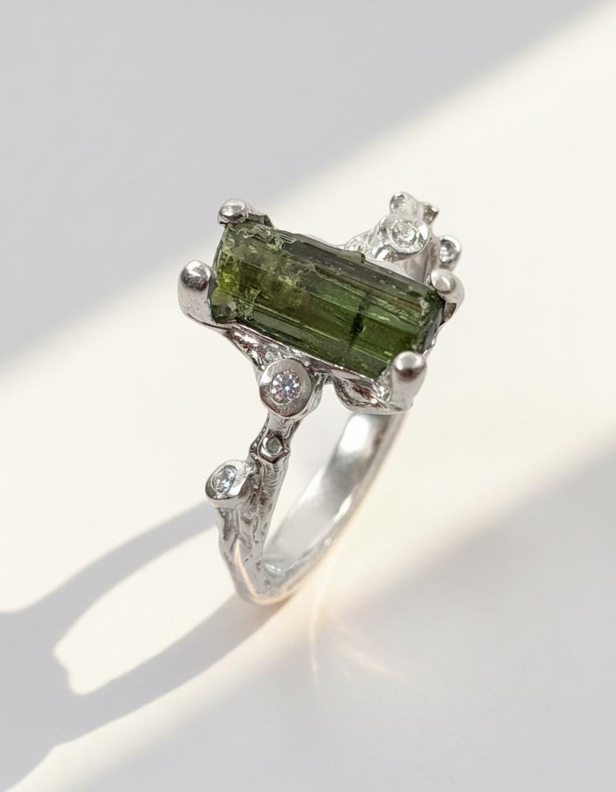 925 Sterling Silver Raw Tourmaline Ring, texture close-up
