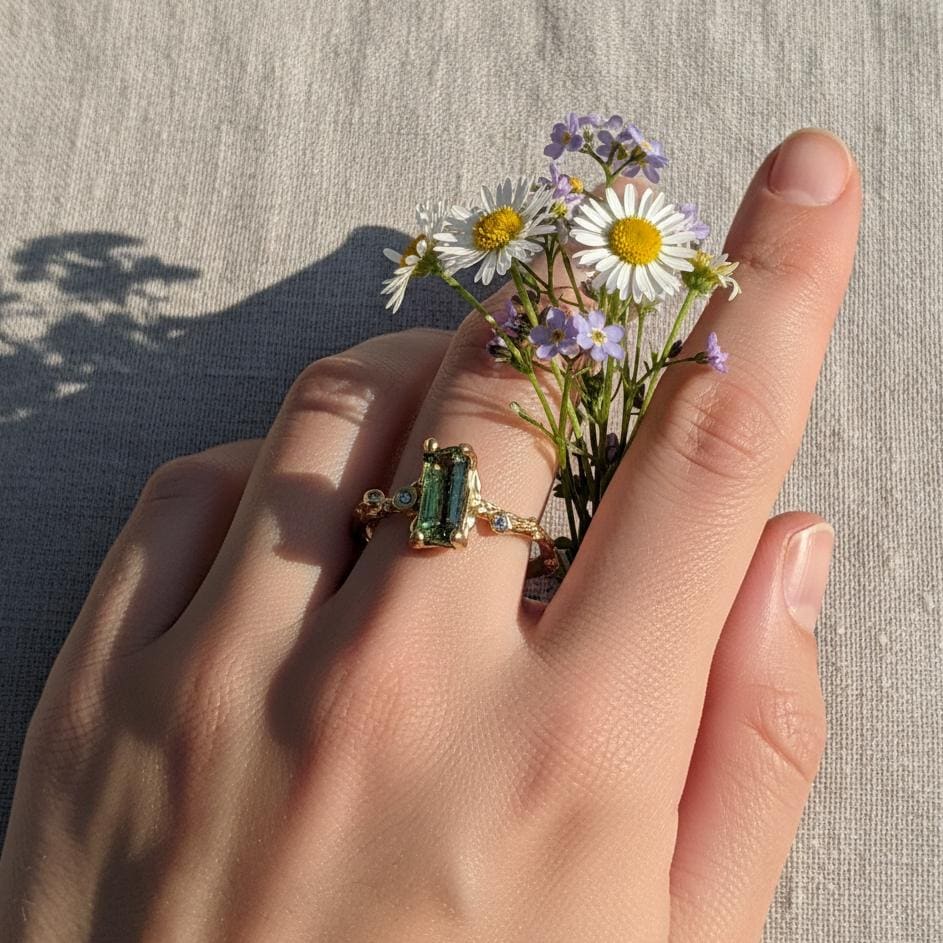 925 Sterling Silver Raw Tourmaline Ring, close-up detail
