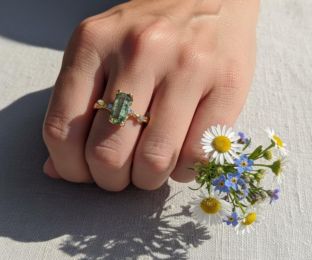 925 Sterling Silver Raw Tourmaline Ring, setting detail