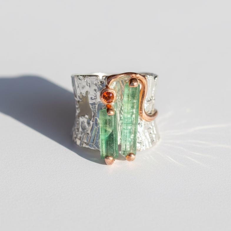 925 Sterling Silver Raw Green Tourmaline Ring, close-up detail