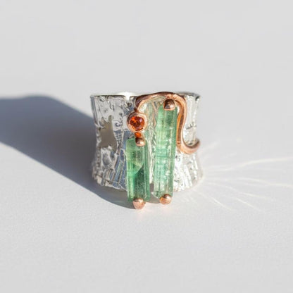 925 Sterling Silver Raw Green Tourmaline Ring, close-up detail
