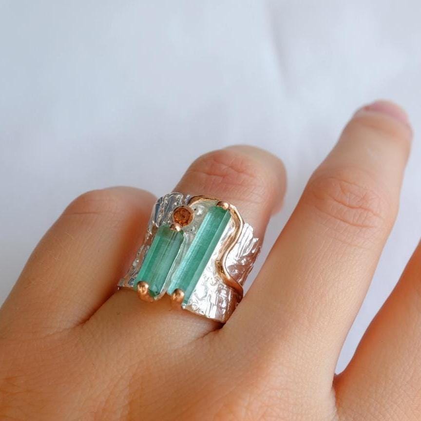925 Sterling Silver Raw Green Tourmaline Ring, side view