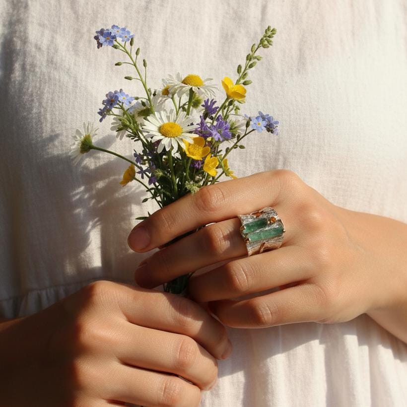 925 Sterling Silver Raw Green Tourmaline Ring, additional angle