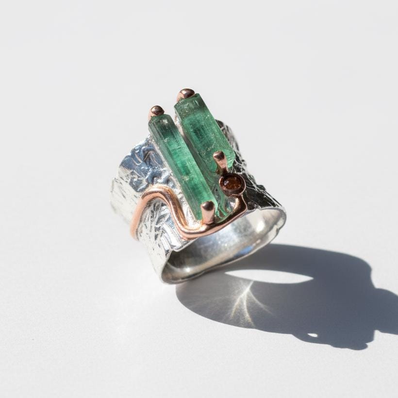925 Sterling Silver Raw Green Tourmaline Ring, worn look