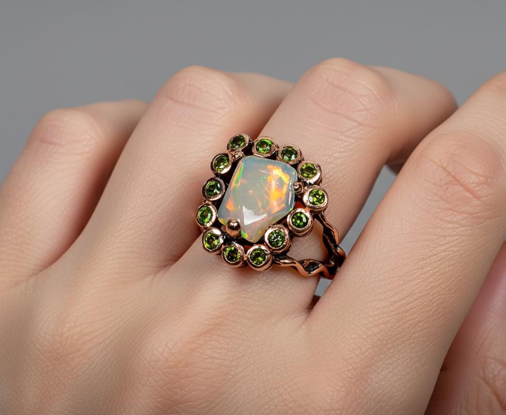925 Sterling Silver Raw Opal Ring, worn on hand