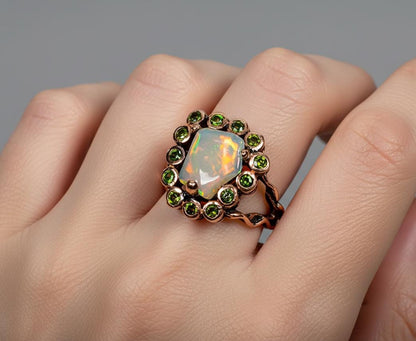 925 Sterling Silver Raw Opal Ring, worn on hand