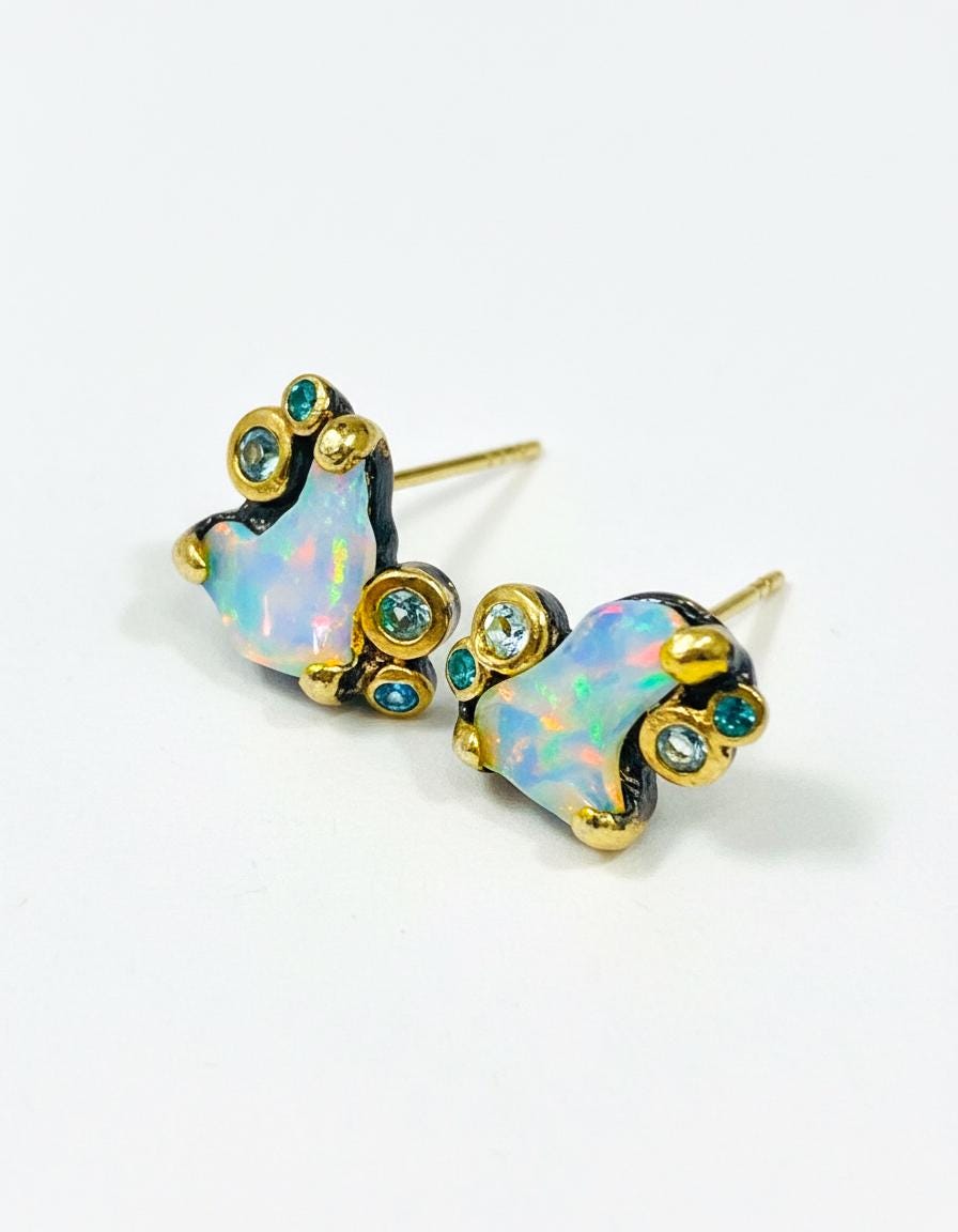 925 Sterling Silver Raw Opal Stud Earrings, close-up detail