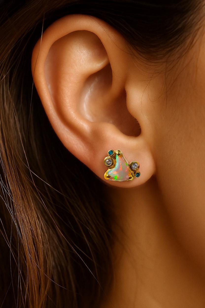 925 Sterling Silver Raw Opal Stud Earrings, worn view