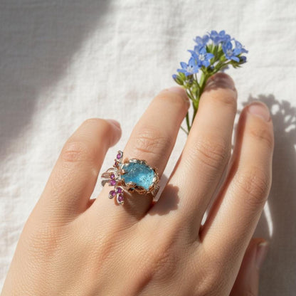 925 Sterling Silver Raw Paraiba Apatite Ring, close-up detail