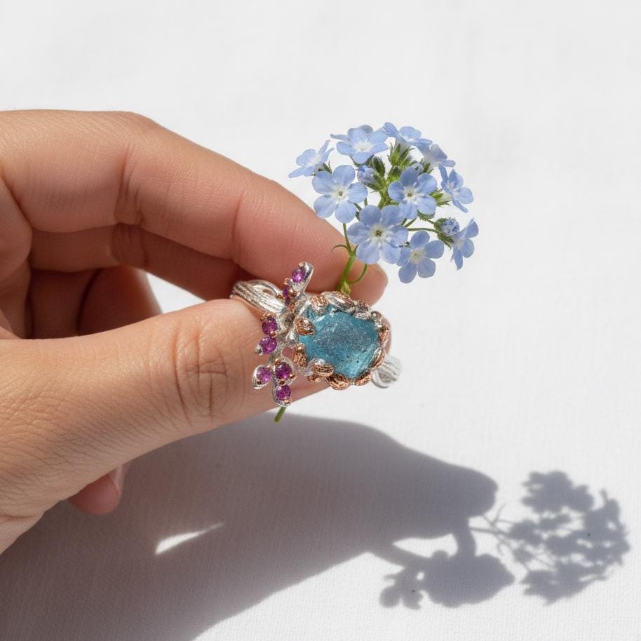 925 Sterling Silver Raw Paraiba Apatite Ring, side view