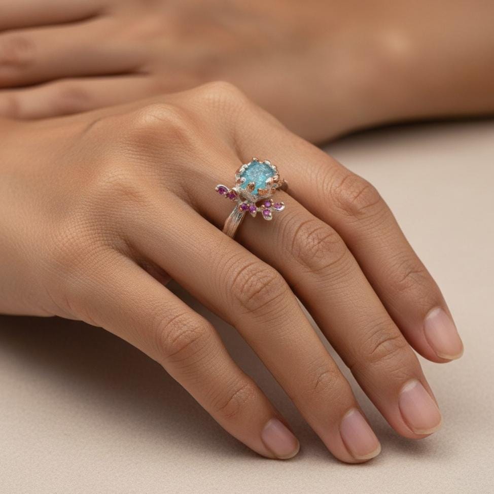 925 Sterling Silver Raw Paraiba Apatite Ring, worn on hand